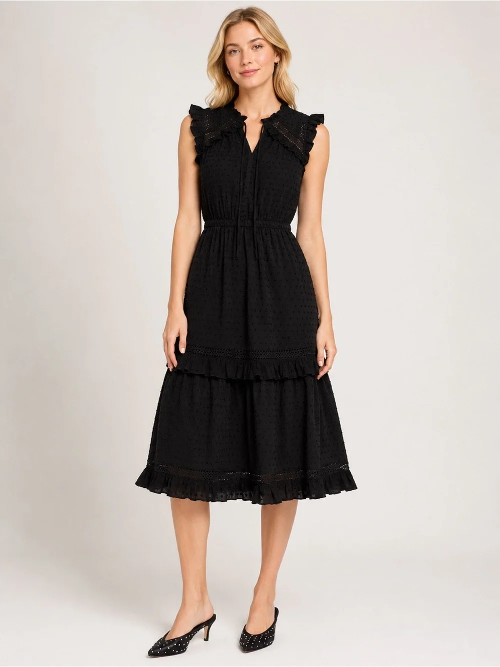 Kate Spade Broome Street Swiss Dot Sleeveless Black Midi Dress 25666